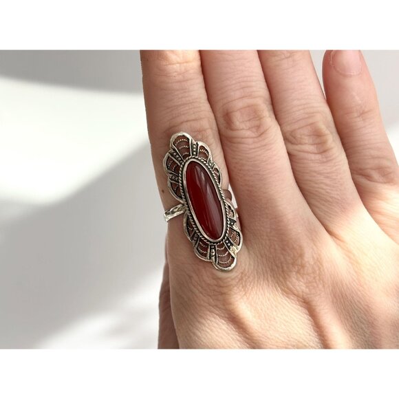 Carnelian Accented Southwest Scalloped 925 Sterling Silver Vintage Ring - sz 8 - Picture 9 of 12